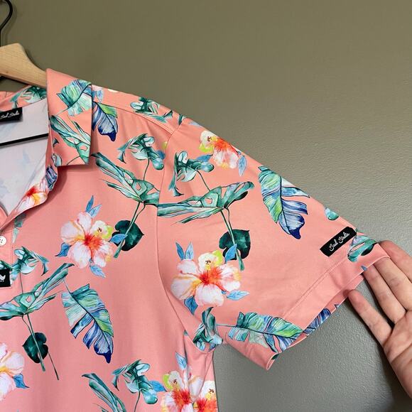 BAD BIRDIE Fresco Short Sleeve Polo‎ Shirt Large Pink Green Floral Golf Casual - Picture 9 of 13